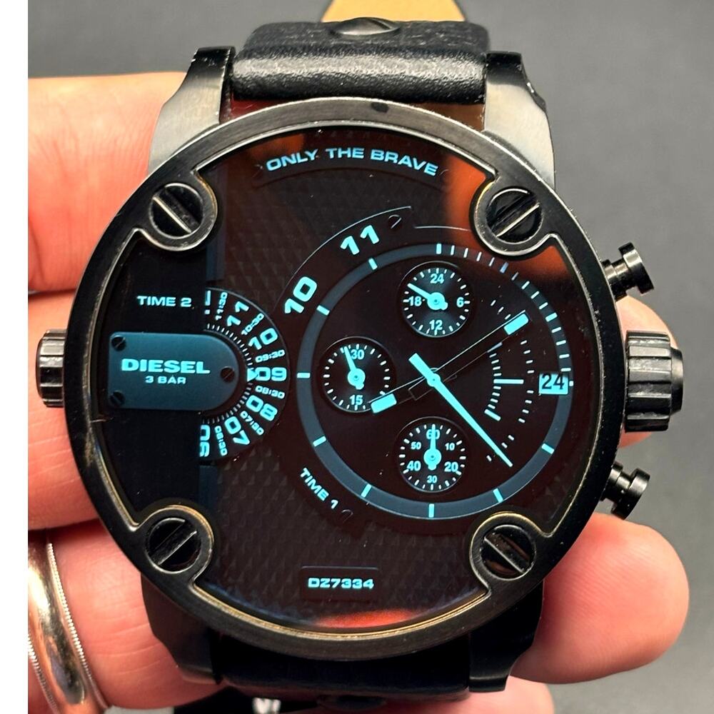 Diesel DZ7334 Little Daddy Dual Time Chronograph Men's Black Leather Strap Watch